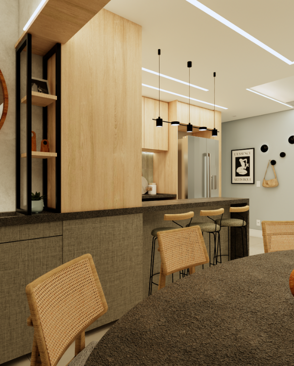 Projeto de sala de jantar com bar, assinado pelo Studio Benô.