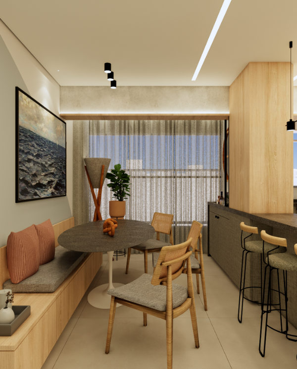 Sala de jantar integrada com a cozinha e bar do projeto do APÊ Nyny, assinado pelo Studio BENÔ.