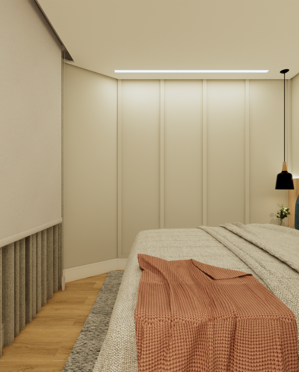 Projeto do dormitório do casal integrado com o closet no apê Nyny, projeto assinado pelo Studio Benô.