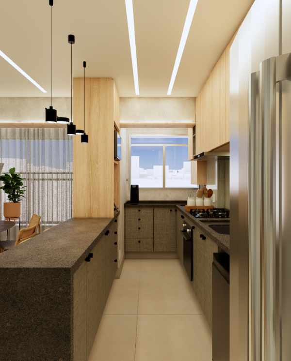 Projeto de cozinha integrada do apartamento Nyny, projeto assinado pelo Studio BENÔ.